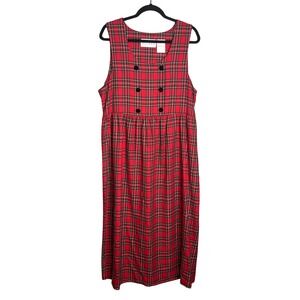 Plaza South Vintage Red Plaid Sleeveless Maxi Dress Size 10 Black Velvet Button‎